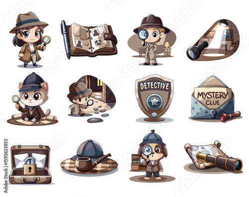 A fun set of cartoon detective icons featuring Sherlock Holmes, a detective cat, maps, clues & magnifying glasses. Ideal for mystery-themed designs, kids' books, games & print projects.