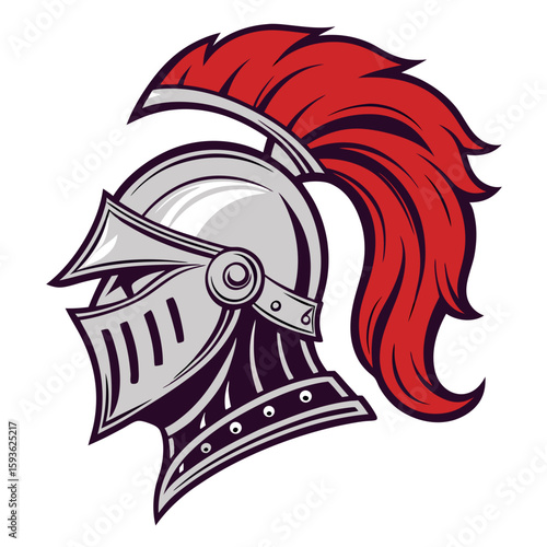 Medieval Knight's Helmet with Red Plume Illustration