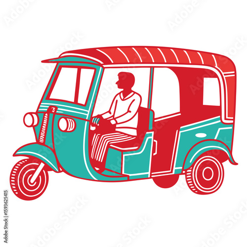 Traditional Indian Auto Rickshaw with Driver Illustration