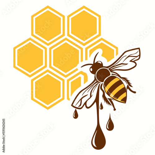 Bee with Honeycomb and Dripping Honey Vector Art