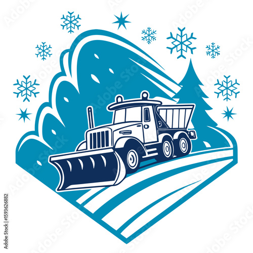 Heavy Duty Snow Plow Truck Clearing Snow in Winter Landscape