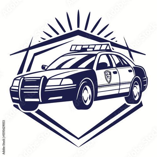 Police Patrol Car in Geometric Frame with Sun Rays - Law Enforcement