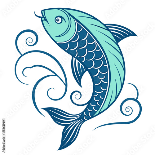 Stylized Fish Jumping from Water with Swirls Illustration