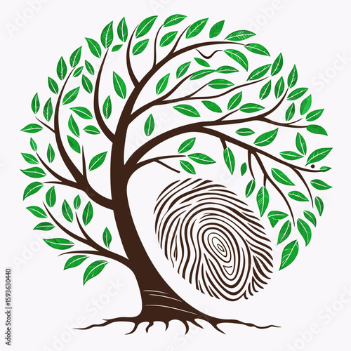 Green Tree with Fingerprint, Biometric Security and Environmental Identity Concept