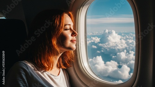 A young woman looking out of an airplane window, dreamy expression
