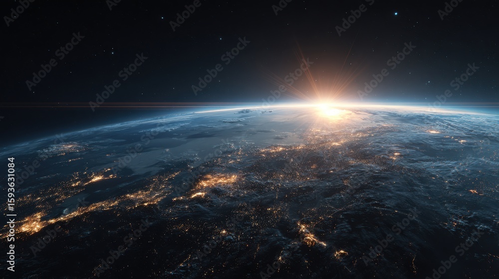 Fototapeta premium Sunrise over Earth with City Lights Visible from Space a Beautiful and Inspiring View