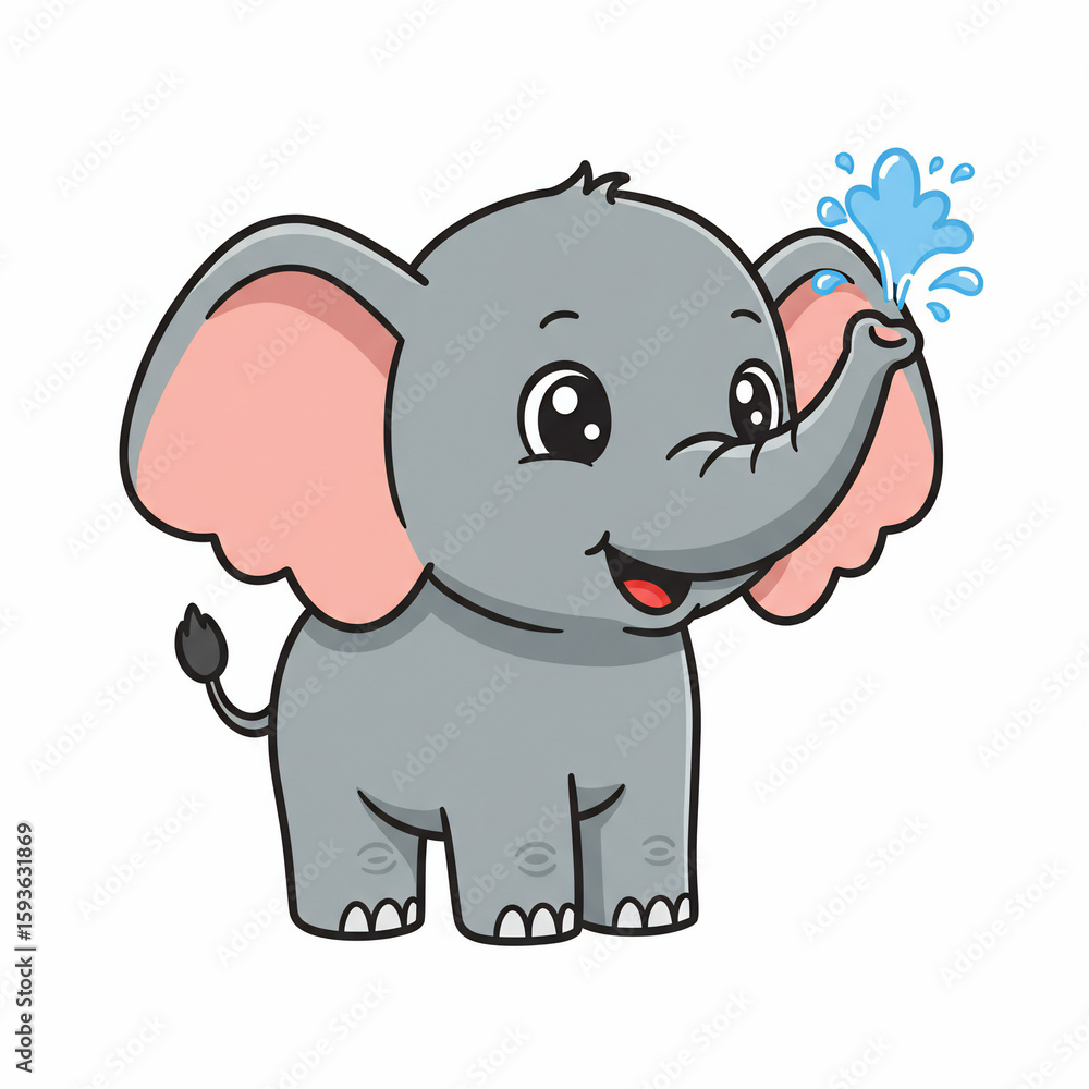 Naklejka premium Cartoon elephant spraying water from its trunk with a happy expression on a white background