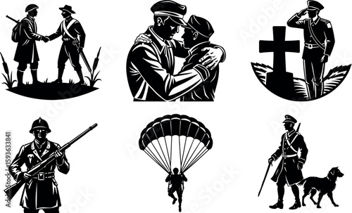 Silhouettes of soldiers in various poses and situations on transparent background