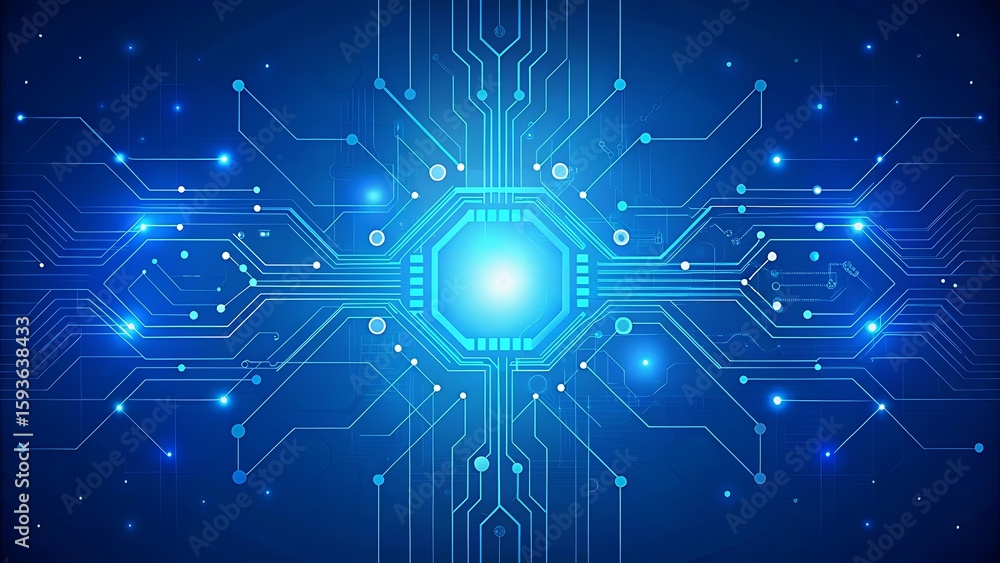 Obraz premium AI circuit board with glowing electronics elements on blue backdrop. UI and GUI design. Futuristic high tech panel of connected lines. Scientific and Technological background. Illustration.