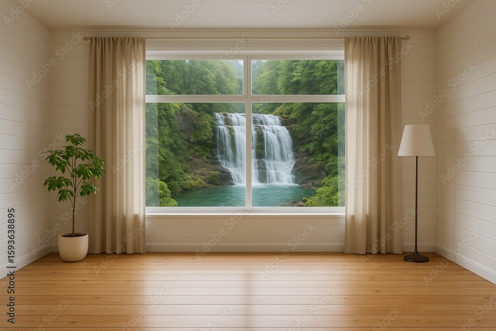 Fototapeta premium Bright Room with Nature View and Waterfall in Eco-Friendly Design
