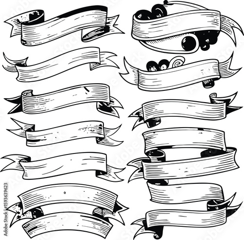 Collection of black and white hand drawn banners and ribbons