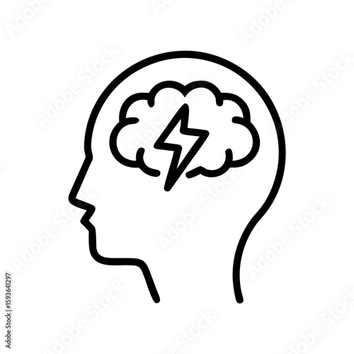 A minimalist line art captures the essence of a mind, where a stylized brain hosts an electrifying bolt of lightning.