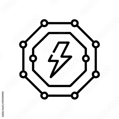 An abstract lightning bolt symbol in an octagon-shaped circuit board, depicting an electrical icon in the technology field.