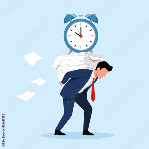 Illustration of a businessman burdened by a pile of papers and a large clock, symbolizing heavy workload and time pressure.