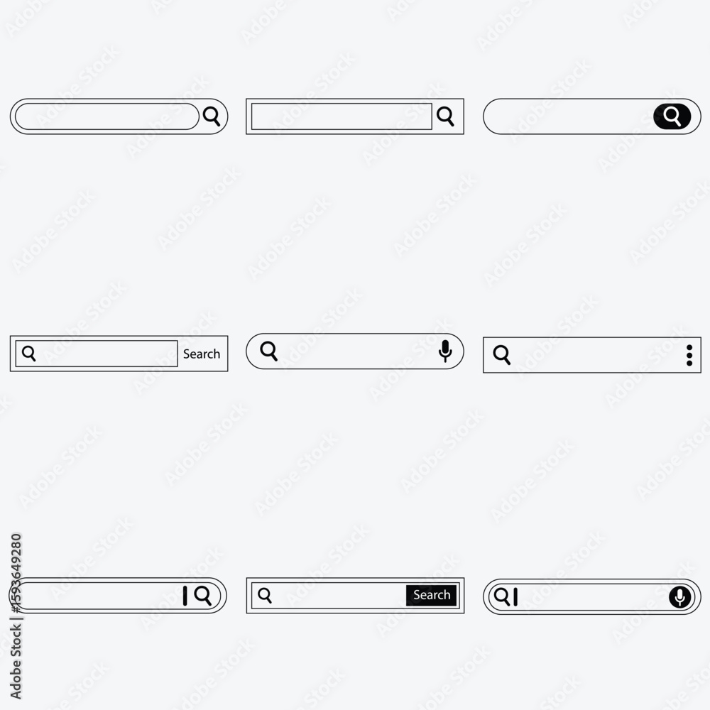 set of minimalist search bar UI elements with magnifying glass icons buttons and input fields designed in flat monochrome style for web and app interface design set of minimalist search bar UI elements with magnifying glass icons buttons and input fields designed in flat monochrome style for web and app interface design