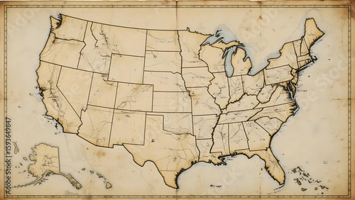 Antique United States Map: Detailed Cartography with State Lines and Coastal Features