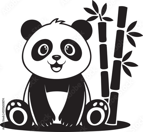 Adorable cartoon panda sitting happily next to tall bamboo stalks in a simple black and white drawing