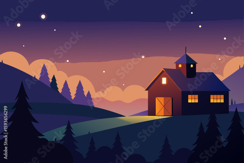 Cozy barn in a starry twilight landscape