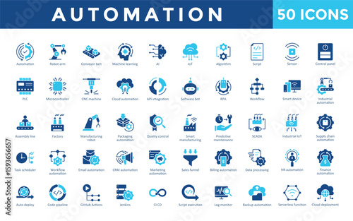 Automation icons set with automation, robot arm, conveyor belt, machine learning, ai, iot, algorithm, script, sensor, control panel icon. Simple flat vector 
