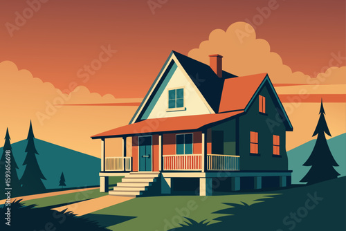 Cozy house on a hillside at sunset