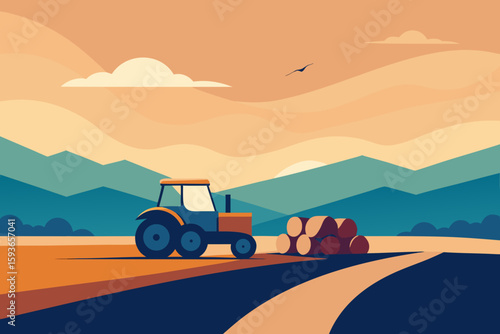 Tractor in a field with hay bales and rolling hills at sunset