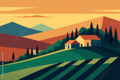 Stylized tuscan landscape with rolling hills and farmhouses