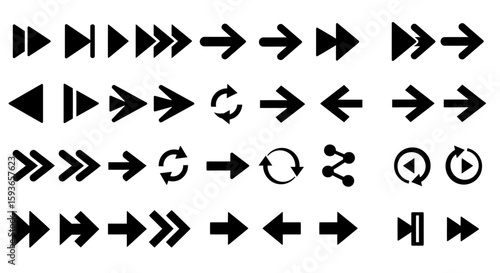 Collection of black arrow icons;  various media player and navigation symbols.