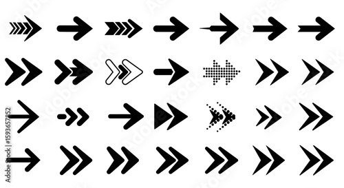 A collection of various vector arrows pointing right, in different styles and designs, on a white background.