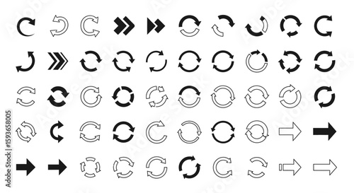 Collection of various arrow icons and circular arrow symbols in black and white, depicting direction, movement, and rotation.