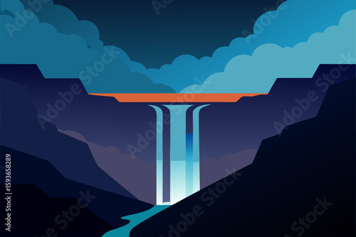 Dramatic waterfall cascading through dark canyon under moody clouds