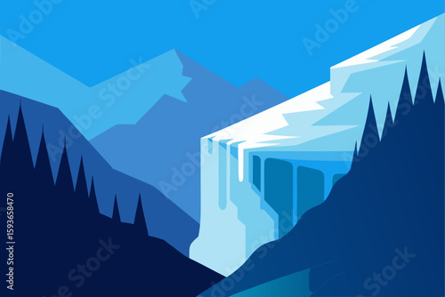Stylized mountain landscape with a frozen waterfall and pine trees