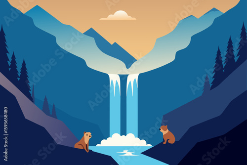 Two bears admire a majestic waterfall in a stylized mountain landscape