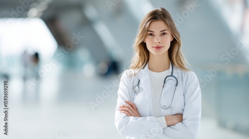 Empathetic Healthcare: A compassionate female healthcare professional, radiating professionalism and expertise. With a composed demeanor, she stands poised in a modern medical facility.