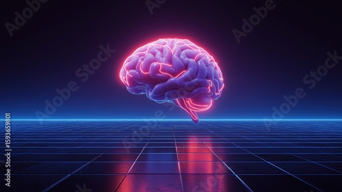 Luminous Brain: A glowing representation of the human brain in vibrant neon light, set against a futuristic backdrop that embodies innovation and intellectual concepts.
