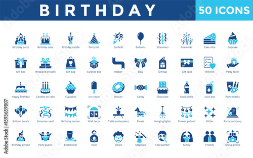  Birthday icons set with birthday party, birthday cake, birthday candle, party hat, confetti, balloons, streamers, fireworks, cake slice, cupcake icon. Simple flat vector 
