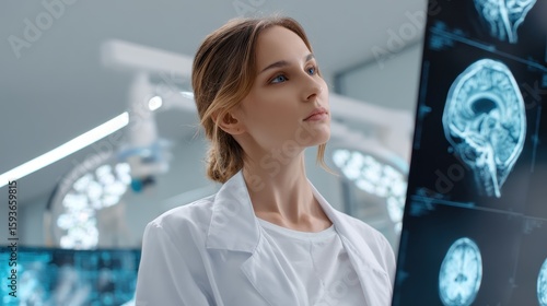 A Doctor's Study: A focused doctor in a white coat intently studies detailed medical imaging in a sterile, advanced technological environment.