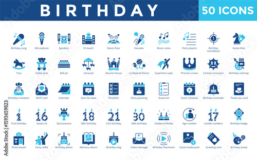 Birthday icons set with birthday song, microphone, speakers, dj booth, dance floor, karaoke, music notes, party playlist, birthday countdown, game time icon. Simple flat vector 
