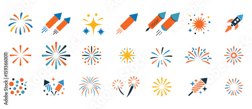 Colorful Fireworks and Rockets Icons: Celebration, Festivity, and New Year Symbols