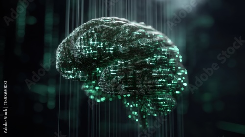 Digital Brain Visualization: A glowing digital representation of the human brain, showcasing the complex interplay of information, data streams, and innovative technology. 