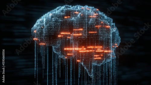 Digital Brain: A glowing, digital representation of the human brain, with interconnected nodes and lines, symbolizes the intricate complexities of thought, intelligence.