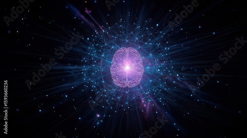 Brain and Cosmic Energy: A conceptual artistic representation showcases the human brain at the center of an expansive cosmic energy field, emphasizing the boundless potential of thought, innovation.