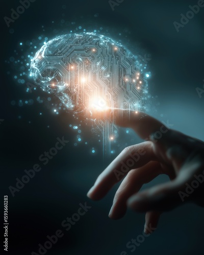 Illuminating the Mind: A radiant touch of human interaction and circuit board style mind concept which represent a person explore the digital realm