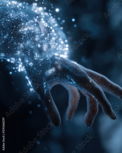Energetic Hand: A luminous hand emanates radiant energy, a mesmerizing display of ethereal particles that evoke the concept of creation, connection.