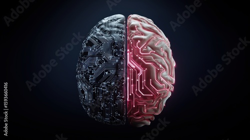 Artificial Intelligence Brain: The image presents a concept of a brain, symbolizing the convergence of artificial intelligence and human intellect, on a dark background.