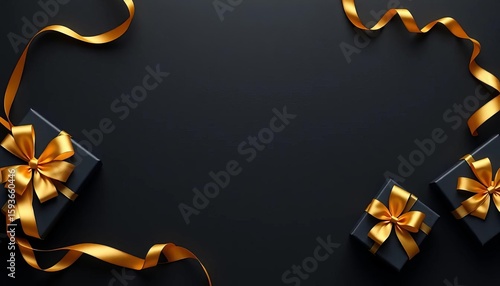Elegant black gift boxes with golden ribbons on a dark background Black Friday sale concept,  design,  christmas