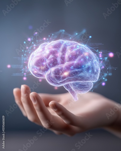 Conceptual Intelligence: A close-up image showcases a human hand gracefully cradling a radiant, ethereal representation of the brain, symbolizing intellect, thought.