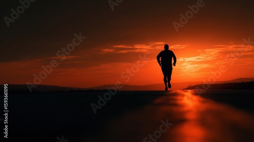 Endurance Silhouette: A solitary figure races towards a stunning sunset, embodying determination, perseverance, and the relentless pursuit of goals.