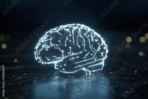 Digital Brain Visualization: A glowing representation of the human brain constructed from circuit-like patterns. It illuminates the intricate world of technology, computation.
