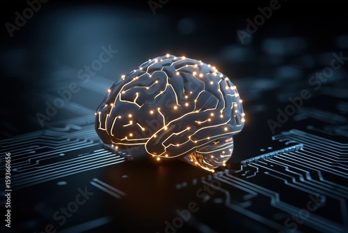 Brain Circuitry in Digital Space: A luminous brain, intricately mapped with glowing circuits, rests upon a digital circuit board, symbolizing the fusion of technology and cognitive power.