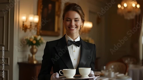 Smiling Woman in Tuxedo at Elegant Dining Table
